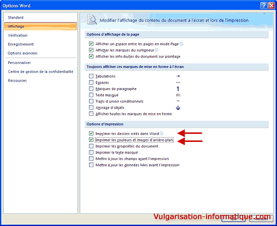 options d'impression - réglages avancés