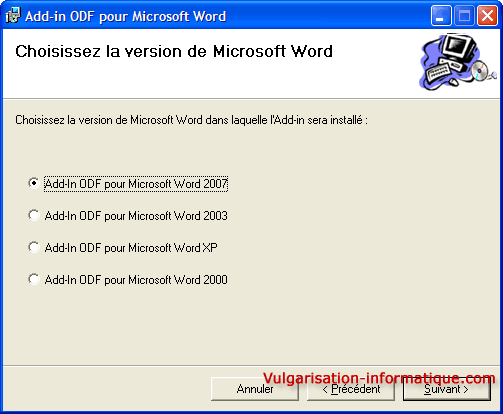 installation du plugin odf - choix de la version de Word