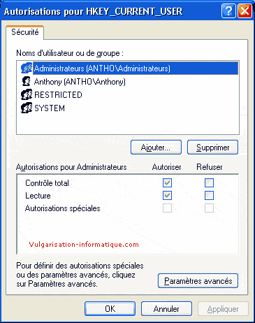 Contrôle de la base de registres