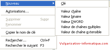 Créer une clé dans la base de registres