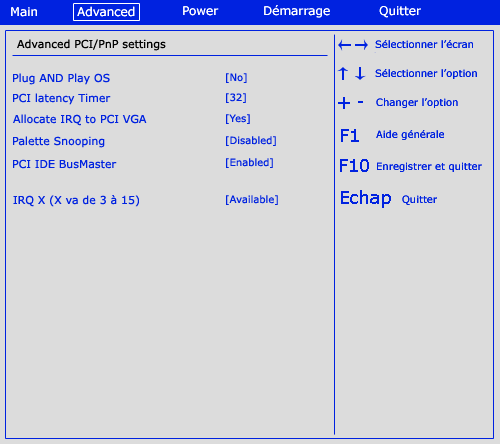 Catégorie Advanced du BIOS