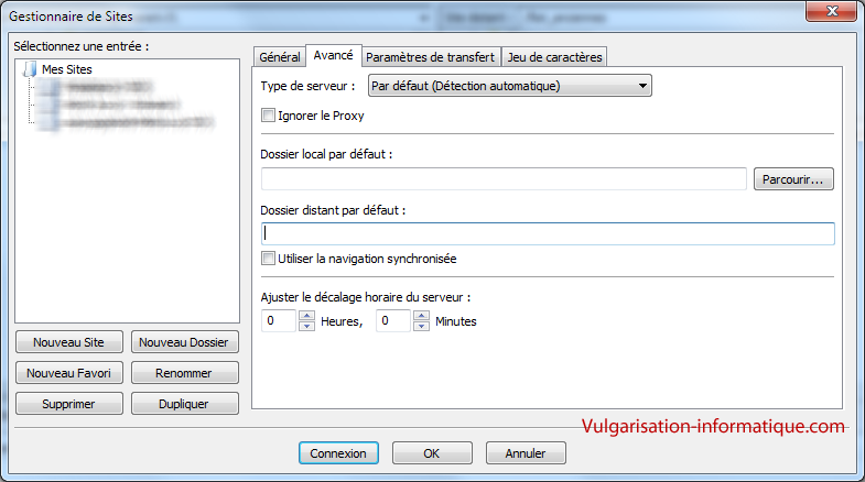 Paramètres avancés d'une connexion FTP - Filezilla